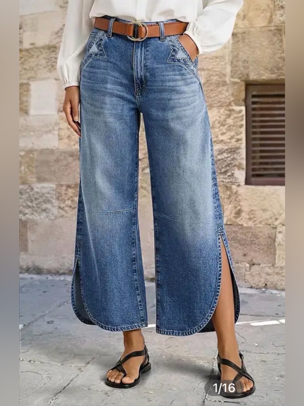 Flamingals Wash Stitch Detail Split Hem High Rise Wide Leg Crop Jeans
